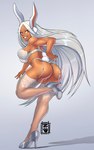 barely_visible_genitalia barely_visible_pussy breasts brown_body brown_skin butt clothing female footwear genitals hair high_heels inner_ear_fluff legwear lingerie long_hair looking_at_viewer pussy red_eyes shoes simple_background smile solo tail tuft white_hair nudiedoodles my_hero_academia rumi_usagiyama animal_humanoid humanoid lagomorph lagomorph_humanoid mammal mammal_humanoid hi_res signature