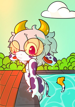 anthro balls genitals looking_at_viewer male penis shota solo swimming_pool wet young littlecowgomoo littlemoo_(character) bovid bovine cattle mammal absurd_res hi_res
