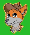 anthro blue_eyes brown_clothing brown_hat brown_headwear canid canine clothing disney english_text fan_character fox fur green_background grey_body grey_fur grey_nose happy hat headgear headshot_portrait headwear icon inner_ear_fluff male mammal multicolored_body multicolored_fur nonbinary_(lore) orange_body orange_ears orange_fur portrait pseudofox simple_background smile solo text trans_(lore) trans_woman_(lore) tuft venus_the_dog zootopia