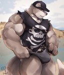 anthro big_muscles black_clothing black_hat black_headwear black_shirt black_tank_top black_topwear black_underwear blue_eyes blurred_background brown_body brown_fur bulge clothing countershade_face countershade_torso countershading detailed_bulge fur hat headgear headwear holding_clothing holding_object holding_underwear jolly_roger looking_at_viewer male muscular muscular_anthro muscular_male muscular_thighs shirt skull_and_crossbones skull_symbol solo speedo swimwear tan_body tan_fur tank_top topwear torn_clothing torn_shirt torn_topwear underwear whiskers makowolf1 echo_(game) echo_(series) echo_project sydney_bronson mammal mustelid otter 2022 hi_res portrait three-quarter_portrait