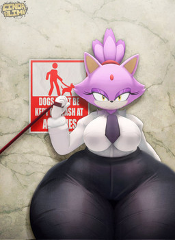 accessory anthro bottom_heavy breasts cat_smile clothing collared_shirt dress_shirt female forehead_gem gem half-closed_eyes holding_leash holding_object huge_hips huge_thighs hyper hyper_thighs leash looking_at_viewer narrowed_eyes necktie pear-shaped_figure shirt sign small_breasts solo thick_thighs topwear wide_hips cindablimp sega sonic_the_hedgehog_(series) blaze_the_cat domestic_cat felid feline felis mammal 3d_(artwork) digital_media_(artwork) hi_res