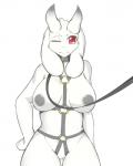 2016 4:5 anthro areola bdsm big_areola big_breasts black_nipples bondage boss_monster_(undertale) bound bovid breasts caprine collar female fluffbug fur genitals hand_on_hip harness hi_res horn leash long_ears mammal nipples nude one_eye_closed pussy red_eyes simple_background smile solo submissive submissive_female toriel undertale undertale_(series) white_body white_fur white_skin wink