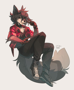 anthro biped bottomwear claws clothed clothed_anthro clothed_male clothing fingers footwear front_view fully_clothed fully_clothed_anthro fully_clothed_male fur hair looking_at_viewer male pants shirt shoes simple_background solo tail teeth tongue topwear cordi canid canine fox mammal 2026 digital_drawing_(artwork) digital_media_(artwork) hi_res