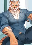 5_fingers anthro beverage_can blue_bottomwear blue_clothing blue_eyes blue_pants blue_shirt blue_topwear blush bottomwear can clothed clothing container countershading fingers fur holding_can holding_container holding_object looking_at_viewer male muscular muscular_anthro muscular_male open_mouth open_smile orange_body orange_fur pants pecs shirt smile solo topwear chung0_0 nekojishi studio_klondike lin_hu deity felid mammal pantherine tiger hi_res