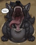 ambiguous_gender anthro belly big_belly bodily_fluids dialogue digestion drooling fangs fangs_bared fur hair high-angle_view huge_belly imminent_oral imminent_oral_vore imminent_vore lips looking_at_viewer male mouth_shot open_mouth rumbling_stomach saliva simple_background solo speech_bubble talking_to_viewer teeth thick_bottom_lip tongue tongue_out uvula vore raudegil videlthewusky canid canine canis domestic_dog husky hybrid mammal nordic_sled_dog spitz wolf wolfdog 2025 absurd_res hi_res portrait