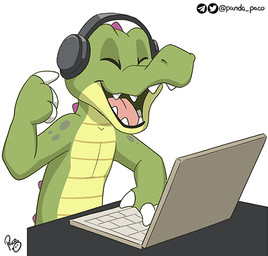 anthro computer electronics eyes_closed green_body headphones laptop logo male nude open_mouth open_smile pink_tongue simple_background smile solo spotted_arms tongue white_background young young_anthro young_male pandapaco crocodile crocodilian reptile scalie artist_logo signature
