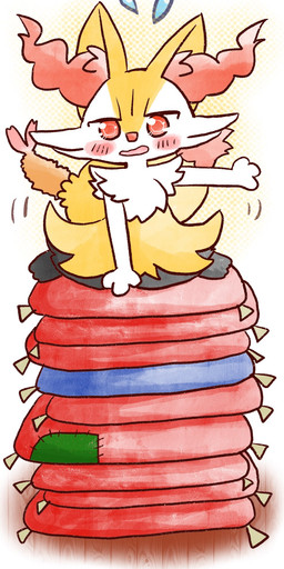 ambiguous_anthro ambiguous_gender anthro balancing biped blush bodily_fluids digitigrade dipstick_tail emanata flying_sweatdrops food front_view markings object_in_tail open_mouth shrimp_(food) simple_background sitting solo sweat sweatdrop tail tail_markings wariza annyui0611 nintendo pokemon braixen canid generation_6_pokemon mammal pokemon_(species) 2022 digital_drawing_(artwork) digital_media_(artwork) full-length_portrait hi_res japanese_description portrait translated_description
