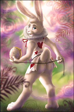 abstract_background anthro biped blue_eyes blush bottomless butt claws clock clothed clothing detailed_background feet fluffy forest fur grass hair heart_symbol hindpaw looking_at_viewer looking_back male outside paws pink_nose plant pose presenting presenting_hindquarters raised_tail rear_view scut_tail short_hair short_tail simple_background solo standing tail tree whiskers white_body white_fur white_hair wood zenthetiger alice_in_wonderland the_white_rabbit lagomorph leporid mammal rabbit 2011 2:3 hi_res
