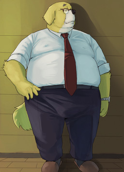 anthro belly big_belly black_nose clothing footwear kemono male mature_male moobs necktie nipples overweight overweight_male sandals shirt shoes solo standing topwear o_miso_n canid canine canis domestic_dog mammal 2026 hi_res