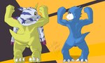 animal_skin anthro back_muscles backsack balls biceps blue_body butt claws countershading duo flexing fur genitals horn male striped_body striped_fur stripes yellow_body heibanhikaru bandai_namco digimon digimon_(species) gabumon veemon absurd_res hi_res