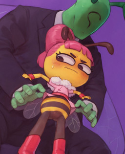 antennae_(anatomy) anthro blush bodily_fluids clothing duo female hair imminent_rape imminent_sex looking_down male pink_hair questionable_consent suit sweat uncomfortable wings 4chan_anon incredible_ant anon bibi_(incredible_ant) arthropod bee humanoid hymenopteran insect 2024