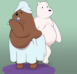 anthro black_eyes black_nose brown_body brown_fur brush duo fur half-closed_eyes holding_brush holding_object holding_toothbrush inside male moobs narrowed_eyes obese obese_anthro obese_male overweight overweight_anthro overweight_male standing toothbrush toothpaste towel towel_around_waist towel_on_head walking white_body white_ears white_fur colossalstars cartoon_network we_bare_bears grizzly_(we_bare_bears) ice_bear_(we_bare_bears) bear brown_bear grizzly_bear mammal polar_bear ursine 2026 absurd_res digital_media_(artwork) hi_res