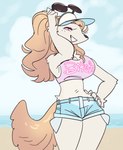 anthro augusta_(weeeeps) beach bottomwear clothing crop_top denim denim_bottomwear denim_clothing denim_shorts eyewear eyewear_on_head female fur hand_on_hip heart_eyes heart_symbol lipstick makeup midriff pink_clothing pink_shirt pink_topwear profanity shirt shorts smile solo sun_visor sunglasses sunglasses_on_head text topwear vulgar yellow_body yellow_fur weeeeps canid canine canis domestic_dog mammal absurd_res english_text hi_res