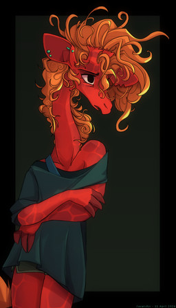 anthro blonde_hair blush bottomwear clothed clothing ear_piercing femboy fingers hair industrial_piercing long_hair male off_shoulder piercing red_body shirt shorts solo t-shirt topwear young young_anthro young_male javanshir cuke_(javanshir) giraffe giraffid mammal 2026 dated hi_res