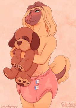 anthro biped blush clean_diaper clothed clothing diaper embarrassed hug hugging_object looking_away pink_diaper plushie shirtless solo wearing_diaper cherryl conditional_dnp cheryl_(dog@theparty) afghan_hound canid canine canis domestic_dog hunting_dog mammal sighthound absurd_res hi_res