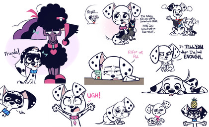 black_body black_fur black_nose black_spots blue_collar book character_plushie collar female floppy_ears food fruit fur group half-closed_eyes juice_box leg_markings looking_at_viewer lying markings multicolored_body multicolored_fur narrowed_eyes nipples pineapple pink_body pink_collar pink_fur plant purple_body purple_fur reading reading_book red_collar socks_(marking) spots text tongue tongue_out white_body white_fur higglytownhero 101_dalmatian_street 101_dalmatians dc_comics disney krypto_the_superdog warner_brothers ace_the_bat-hound dallas_(101_dalmatians) dizzy_(101_dalmatians) dolly_(101_dalmatians) dylan_(101_dalmatians) krypto portia_(101_dalmatian_street) triple_d_(101_dalmatians) canid canine canis dalmatian domestic_dog mammal poodle english_text