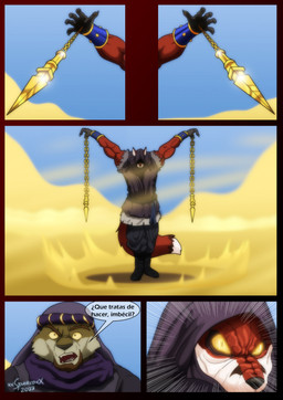 anthro armor beard big_muscles bottomwear bracers chain clothed clothing desert dialogue duo facial_hair footwear fur glowing glowing_eyes headgear headwear hood male multicolored_body multicolored_fur muscular muscular_male open_mouth red_body red_fur sand speech_bubble teeth text topwear two_tone_body two_tone_fur white_body white_fur xxsparcoxx acarius_medjay malek_(xxsparcoxx) teofacio_larna ambiguous_species canid canine fox mammal red_fox true_fox 2023 comic digital_media_(artwork) hi_res spanish_text