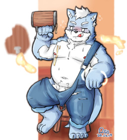 anthro belly blue_body blue_fur blush clothing drunk fur genitals kemono male moobs navel nipples overalls overweight overweight_anthro overweight_male penis sitting solo substance_intoxication tongue tongue_out white_body white_fur denext25 canid canine canis domestic_dog mammal 2020 hi_res