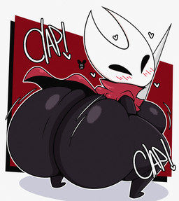 anthro ass_clapping big_breasts big_butt black_body blush breasts butt cloak clothing crouching exclamation_point female huge_butt looking_at_viewer looking_back mostly_nude non-mammal_breasts onomatopoeia solo sound_effects text thick_thighs twerking wide_hips luanctoons hollow_knight_(franchise) team_cherry hornet_(hollow_knight) arthropod absurd_res english_text hi_res