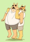 anthro black_nose bottomwear carrying_another clothing dot_eyes duo eyes_closed kemono male overweight overweight_male shirt shorts topwear panda_po bear felid mammal pantherine tiger 2024 hi_res