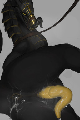 animal_genitalia anus black_body bodily_fluids butt collar cum cum_in_ass cum_inside dripping feral gaping gaping_anus genital_fluids genital_slit genitals gold_(metal) leaking_cum leash leashed_collar looking_at_viewer male musk musky_butt musky_penis muzzle_(object) muzzled penis precum precum_drip presenting presenting_anus presenting_hindquarters presenting_penis saliva saliva_on_tongue smile smiling_at_viewer smirk smirking_at_viewer solo spread_anus spread_legs spreading tail tapering_penis tongue tongue_out corvidtree mythology icarus_(corvidtree) dragon mythological_creature mythological_scalie scalie 2:3 absurd_res hi_res