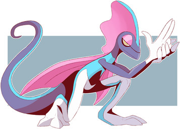 blue_body blue_tail cape clothing grey_body grey_tail looking_at_viewer mouth_closed narrowed_eyes pink_cape pink_clothing pose simple_background solo tail unsigned white_body yellow_eyes swampjaws nintendo pokemon generation_8_pokemon inteleon pokemon_(species) shiny_pokemon