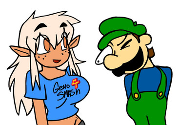 bangs big_breasts black_facial_hair black_mustache blue_clothing blue_crop_top blue_shirt blue_topwear breasts brown_body brown_ears brown_hair brown_skin cartoon_freckles clothed clothed_female clothed_human clothed_humanoid clothed_male clothing crop_top crotch_lines duo eyelashes facial_hair female female_humanoid freckled_face freckled_hips freckles green_clothing green_hat green_headwear green_overalls hair hands_behind_back hat headgear headwear humanoid_pointy_ears long_eyelashes long_hair looking_at_another looking_at_another's_breasts looking_at_breasts looking_down_at_breasts male male_human mustache not_furry one_eye_closed open_mouth open_smile orange_eyes overalls pointy_ears print_clothing print_crop_top print_shirt print_topwear shirt simple_background smile tan_hair topwear white_background white_sclera genocityzone mario_bros nintendo autumn_(genocityzone) luigi elf human humanoid mammal