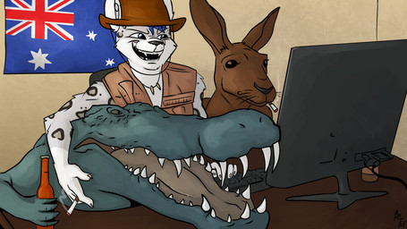 alcohol anthro australian australian_flag beer beer_bottle beverage biped black_nose blue_hair bottle brown_body chair cigarette cigarette_in_mouth clothed clothing computer_keyboard container electronics eyebrows feral furgonomic_headwear furgonomics furniture gloves_(marking) green_body grey_body group hair hat headgear headwear holding_object inside leopard_spots looking_at_object male markings monitor object_in_mouth on_chair open_mouth open_smile quadruped semi-anthro sharp_teeth short_hair sitting sitting_on_chair smile smoking smoking_cigarette spots spotted_body teeth tooth_necklace topwear trio vest whiskers white_markings fuf glaze_(glazetpf) alligator alligatorid crocodilian felid kangaroo macropod mammal marsupial pantherine reptile scalie snow_leopard 2019
