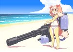 accessory anthro beach bikini blue_eyes bow_(feature) bow_accessory bow_ribbon clothing eyebrow_through_hair eyebrows eyelashes feet female female_anthro flat_chested fur gatling_gun gun hair hair_accessory hair_bow hair_ribbon humanoid_feet kemono machine_gun minigun navel open_mouth open_smile outside oversized_weapon plantigrade ranged_weapon ribbons seaside smile solo standing swimwear toy toy_gun translucent translucent_hair two-piece_swimsuit water_gun weapon yellow_body yellow_fur kin-shun itou_sora canid canine canis domestic_dog mammal 2022 hi_res