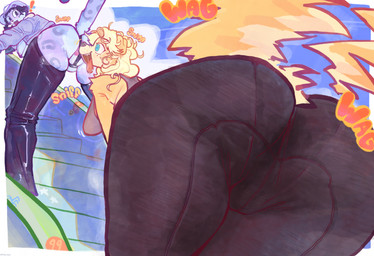 anthro anus_peek big_breasts big_butt blonde_hair bodily_fluids bottomwear breasts butt butt_sniffing chaps clothing duo female hair musk pants saliva saliva_string sniffing steam surprised sweat tail tail_motion tailwag tongue tongue_out yoga_pants smashmat dakota_dorothy honey_lemon_ginger bird_dog canid canine canis domestic_dog felid golden_retriever hunting_dog mammal pantherine retriever snow_leopard absurd_res hi_res