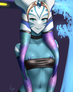 barbell_piercing blue_body blue_lekku blue_markings blue_stripes breasts clothing crown female flat_chested furgonomics headdress headgear lekku_(anatomy) lekku_clothing looking_at_viewer markings montrals_(anatomy) nipple_barbell nipple_piercing nipples not_furry piercing sleeves small_breasts solo striped_lekku stripes tiara topwear tube_top white_body white_face white_lekku white_skin furball star_wars amana_sy alien alien_humanoid humanoid togruta 4:5 hi_res