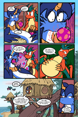 2_horns 6_panel_comic ambiguous_gender bag belly biped black_eyes black_text blue_body blue_fur blue_hair blue_wings branch building cheek_tuft claws cloud day dialogue dot_pupils duo_focus ellipsis eyebrows eyelashes facial_tuft fangs feathers feral finger_claws flying food forked_tongue fur grass green_body green_eyes group hair hand_on_belly haybale holding_bag holding_food holding_object horn house looking_at_another looking_at_food looking_at_object motion_lines mouth_closed obese overweight page_number plant question_mark red_eyes rumbling_stomach sand scales sea sharp_teeth shrub sky sound_effects speech_bubble standing tail talking_to_another teeth telekinesis text tongue tongue_out toony tree tuft water white_sclera wings virmir mythology avian couatl dragon feathered_scalie feathered_snake mythological_creature mythological_scalie reptile scalie snake 2025 2:3 absurd_res comic english_text hi_res
