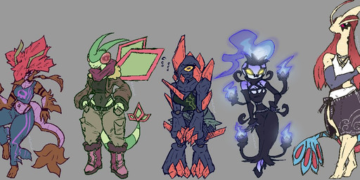 ambiguous_gender anthro bangs big_breasts big_tail black_body breasts brown_body clothed clothing crop_top dress eyelashes female female/ambiguous fishnet_clothing fishnet_legwear green_body grey_background group large_female legwear long_eyelashes looking_at_viewer looking_away mega_stone mega_stone_piercing navel purple_body sarong shirt simple_background stockings tail tall tan_body thick_tail thick_thighs thong_straps topwear wide_hips wings mik3hawk nintendo pokemon pokemon_trainer chandelure dragalge flygon generation_3_pokemon generation_5_pokemon generation_6_pokemon gigalith human mammal milotic pokemon_(species) serperior colored