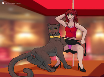 anus black_body black_fur blush breasts cleavage clothed clothing collar duo female female/female feral fur genitals hair interspecies leash melanistic panties pole red_hair spread_legs spreading underwear upskirt vulva yellow_eyes digitoxici my_dear_pantheress tasha_(my_dear_pantheress) felid human mammal pantherine absurd_res hi_res
