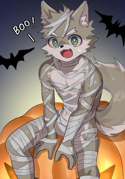 adolescent anthro athletic athletic_male bodily_fluids bulge holidays jack-o'-lantern male mummy_wrappings muscular muscular_young solo sweat young young_anthro young_male rpentagram halloween bat canid canine canis mammal wolf hi_res