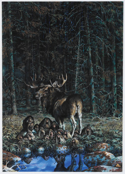 ambiguous_gender antlers big_nose blonde_hair brown_body brown_fur detailed_background feral forest fur grass group hair hood horn humanoid_pointy_ears lake looking_at_viewer male outside plant pointy_ears rock standing tail tree paul_bonner deer humanoid mammal moose new_world_deer troll_(mythology) hi_res traditional_media_(artwork)