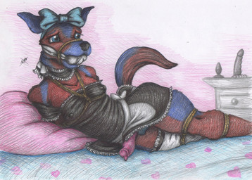 animal_genitalia animal_penis anthro arms_tied athletic athletic_anthro athletic_male bdsm bed black_nose blue_body blue_eyes blue_fur blue_tail bondage bound buttplug canine_genitalia canine_penis cloth_gag clothed clothing dildo exposed eyelashes femboy fur furniture gag gagged genitals hands_behind_back improvised_gag legs_tied legwear logo lying lying_on_bed maid_uniform male muffled multicolored_body multicolored_fur multicolored_tail nipple_outline on_bed on_side open_mouth open_mouth_gag partially_clothed partially_clothed_anthro partially_clothed_male penis plug_(sex_toy) red_body red_fur red_tail restrained restraints ribbons rope rope_bondage rope_gag rope_harness sex_toy solo submissive submissive_anthro submissive_male tail uniform worried spiritalpha gizmo_(puddinpop34) canid canine canis mammal wolf artist_logo colored_pencil_(artwork) graphite_(artwork) traditional_media_(artwork)