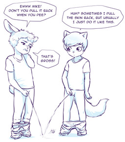 anthro balls barefoot blush bodily_fluids bottomwear bottomwear_down buckteeth clothed clothing crossing_the_streams dialogue duo feet fluffy fluffy_tail foreskin genital_fluids genitals hair holding_own_penis holding_penis humanoid_genitalia humanoid_penis leg_markings male markings pants pants_down partially_clothed peeing peeing_on_ground peeing_together penis shirt simple_background socks_(marking) speech_bubble standing tail teeth text topwear underwear underwear_down urine urine_on_ground white_background young young_anthro young_male aogami chris_(doomhelm) mike_(doomhelm) domestic_cat felid feline felis lagomorph leporid mammal rabbit 2023 absurd_res english_text hi_res line_art monochrome signature