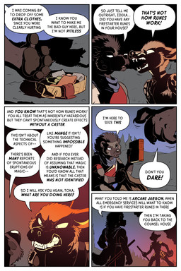 ambiguous_gender angry anthro bag bared_teeth book border claws clothing dialogue dramatic_lighting duo female pawpads stealing tattoo teeth text torn_clothing white_border rick_griffin in_the_new_age the_witch_of_kurikuto ideka toka_(rick_griffin) canid canine canis hyena mammal wolf 2024 2:3 comic english_text hi_res