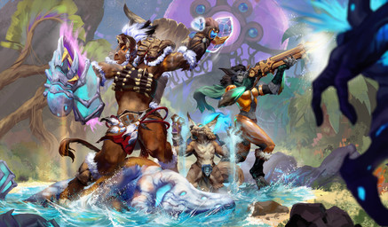 anthro armor battle black_hair black_nose breasts brown_body brown_fur clothed clothed_anthro clothed_female clothed_male clothing female fight fur grey_body grey_fur group gun hair hammer hunter magic magic_user male paladin ranged_weapon river shaman tan_body tan_fur tools tribal_spellcaster trio water weapon sidj-6 blizzard_entertainment warcraft bovid bovine canid mammal monster tauren vulpera werecanid werecreature worgen hi_res