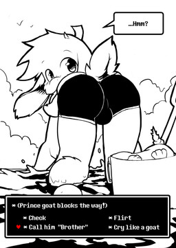 all_fours anthro beach boxer_briefs bulge butt clothing gui looking_at_viewer looking_back male outside partially_submerged seaside solo speech_bubble speedo swimwear text tight_clothing underwear young young_anthro young_male whiteleo undertale undertale_(series) asriel_dreemurr boss_monster_(undertale) bovid caprine goat mammal 2016 absurd_res black_and_white english_text hi_res monochrome