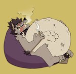 3_toes 4_fingers ambiguous_gender ambiguous_prey anthro bean_bag belly big_belly cigarette feet fingers fur hair imprint male red_eyes smoke smoke_from_mouth squirming toes tongue tongue_out vore sokkacherimoya wulver_(teethboy) canid canine canis mammal wolf hi_res