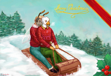 anthro beak boots bottomwear christmas_card clothed clothed_anthro clothed_male clothing duo eyewear feathers footwear glasses holidays hug hugging_another hugging_from_behind insect_wings male male/male outside pants plant red_clothing red_sweater red_topwear round_glasses shoes snow snowman sweater text topwear tree wearing_glasses wings reynard_goodfellow christmas arthropod insect hi_res