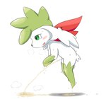 ambiguous_gender anthro bodily_fluids covering covering_self embarrassed generation_4_pokemon genital_fluids genitals green_body green_eyes hi_res legendary_pokemon nintendo omorashi patience peeing peeing_on_ground pokemon pokemon_(species) shaymin sky_forme_shaymin solo tawa_1908 tears urine urine_on_ground watersports