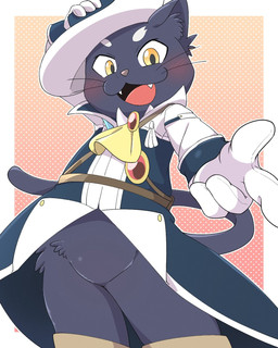 anthro black_body black_fur bottomless bottomless_male clothed clothing dotted_background featureless_crotch fur gesture gloves hand_gesture handwear hat headgear headwear holding_clothing holding_hat holding_headgear holding_headwear holding_object kemono looking_at_viewer male open_mouth open_smile pattern_background pointing simple_background smile solo white_clothing white_gloves white_handwear yellow_eyes kemoizumi shangri-la_frontier aramiys_(shangri-la_frontier) domestic_cat felid feline felis mammal 2026 4:5 hi_res japanese_description portrait three-quarter_portrait