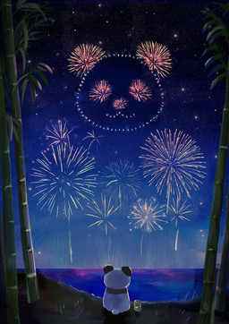 bamboo black_body can chibi container detailed_background fireworks outside sitting solo white_body araru bear giant_panda mammal 2023 absurd_res hi_res