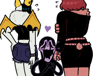 anthro black_hair bottomwear butt clothing denim denim_bottomwear denim_clothing denim_shorts ear_piercing embarrassed female fur group hair heart_symbol male open_mouth open_smile piercing shorts simple_background smile tan_body tan_fur trio white_background white_body white_fur wings blarf022 blarf_(blarf022) sherry_bear_(blarf022) vranda_von_bat_(blarf022) bat bear honduran_white_bat kinx_(blarf022) leaf-nosed_bat mammal microbat yangochiropteran 2023 absurd_res hi_res