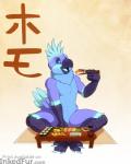 anthro blue_body blue_eyes blue_feathers eating feathers food male nude open_mouth sitting solo sushi text kabscorner amorous coby_(amorous) avian bird cockatiel cockatoo parakeet parrot true_parrot hi_res japanese_text translated watermark