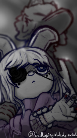 anthro blue_eyes bored clothing colored_nails elevator eye_patch eyewear female holding_arm holding_close hoodie male nails piercing scar self-harm_scars stitch_(sewing) topwear wounded manyanz canid canine canis lagomorph leporid mammal rabbit wolf 9:16 absurd_res hi_res