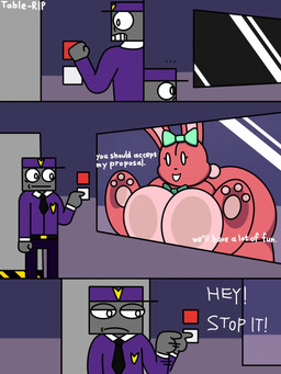 against_surface against_window anthro big_breasts black_bottomwear black_clothing black_necktie black_pants bottomwear bow_tie breasts clothing curvy_figure dialogue duo female green_bow green_bow_tie grey_body hat headgear headwear huge_breasts male multicolored_body necktie on_glass pants pawpads purple_clothing purple_hat purple_headwear purple_shirt purple_topwear red_body shirt smile text thick_thighs topwear two_tone_body white_eyes wide_hips table-rip lovedoll_toy_factory hoppi_(gremlingrounded) nightguard_(gremlingrounded) animate_inanimate humanoid lagomorph leporid mammal rabbit 2026 3:4 artist_name comic digital_drawing_(artwork) digital_media_(artwork) english_text hi_res